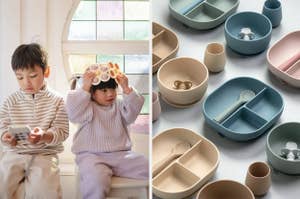 Two children playing with eco-friendly tableware available for purchase