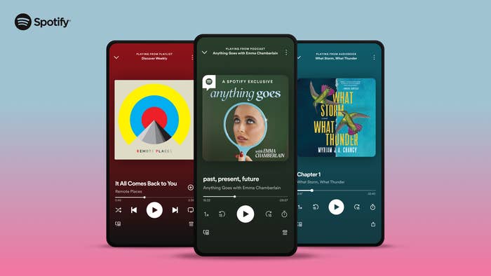 Three smartphones displaying Spotify app with podcast covers: &quot;Remote Places,&quot; &quot;Anything Goes with Emma Chamberlain,&quot; &quot;What Bothered Thunder.&quot;