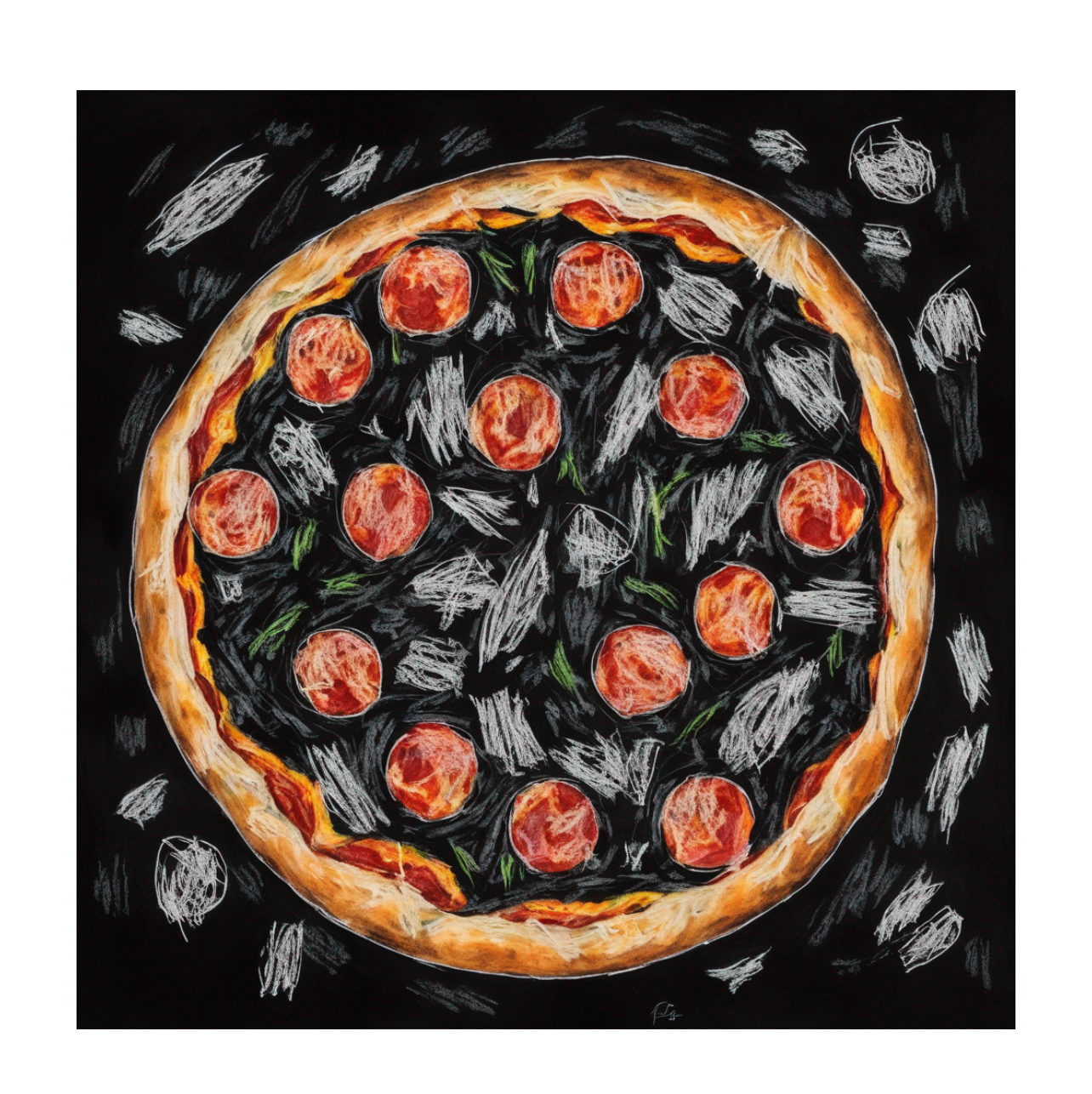 Illustration of a pepperoni pizza with scattered toppings