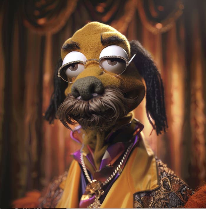 Animated character resembling a stylish dog with glasses, in a yellow outfit with ornate patterns and a purple scarf