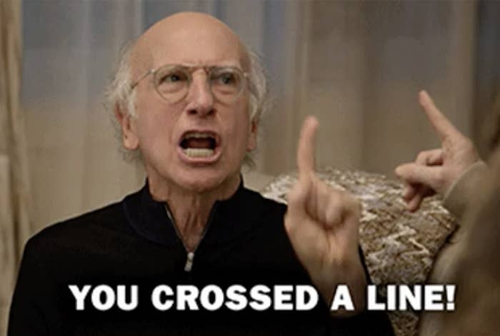 Angry man pointing finger with text &quot;YOU CROSSED A LINE!&quot; indicating a boundary has been overstepped in a relationship