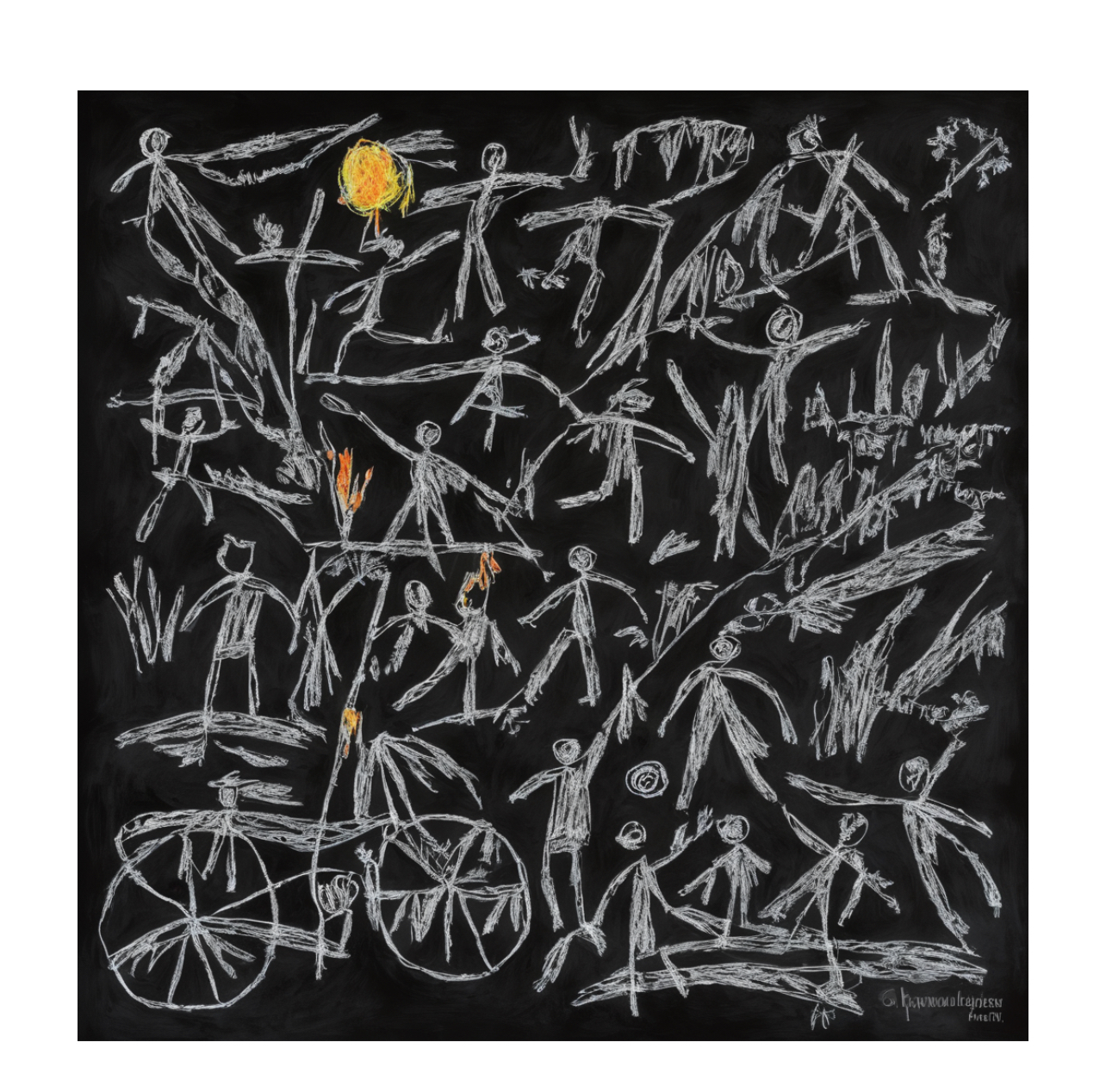 Childlike drawing of figures and bicycles on black background, evokes playful music theme