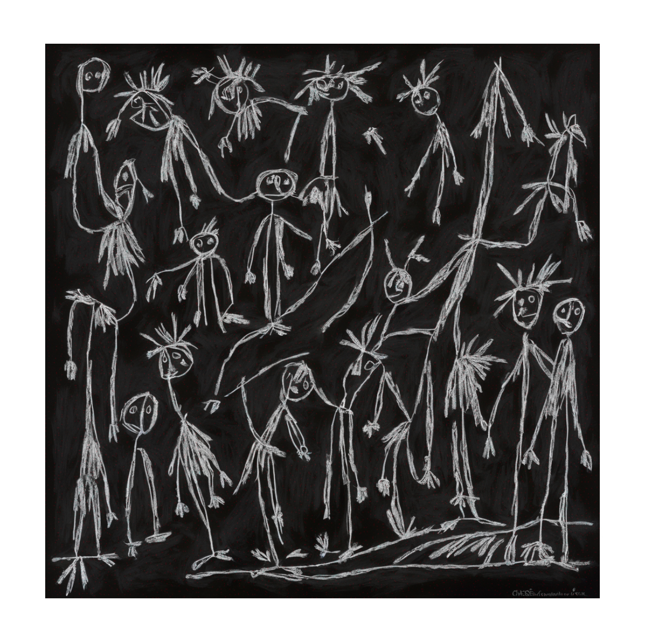 Childlike drawings of stick figures on a black background, resembling a chalkboard sketch
