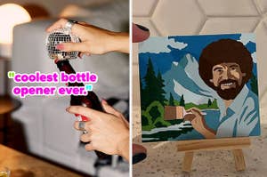 model opening bottle with disco ball bottle opener and reviewer holding completed miniature bob ross paint by number kit