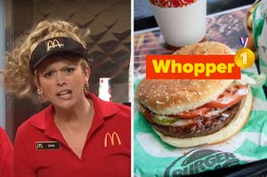 Split image: Left - SNL angry McDonald's employee; Right - Whopper burger from Burger King advertisement