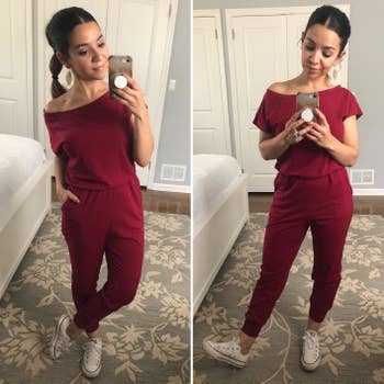 reviewer poses in a mirror, showcasing her off-shoulder top and joggers with sneakers