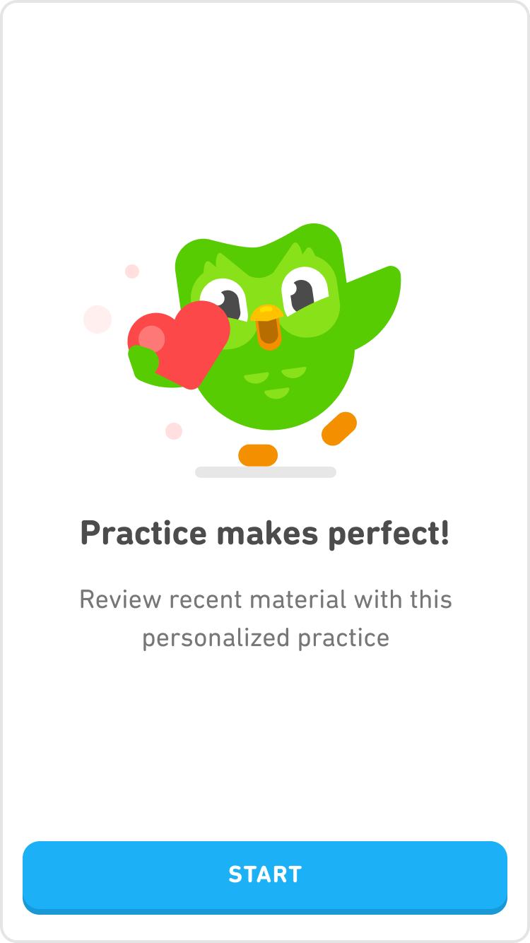 An animated green owl, Duo from Duolingo, flying with a heart, encouraging practice with a &#x27;Start&#x27; button below