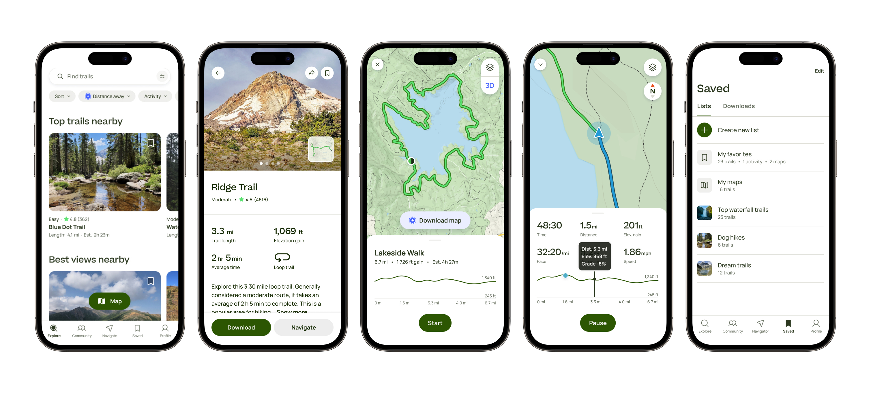 Five smartphone screens showing a trail navigation app with various features like trail maps, navigation, and saved routes