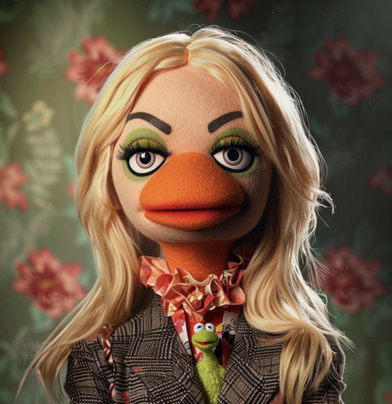 Muppet with long blonde hair and beak-type nose/mouth, wearing ruffled shirt and jacket, with small Kermit toy