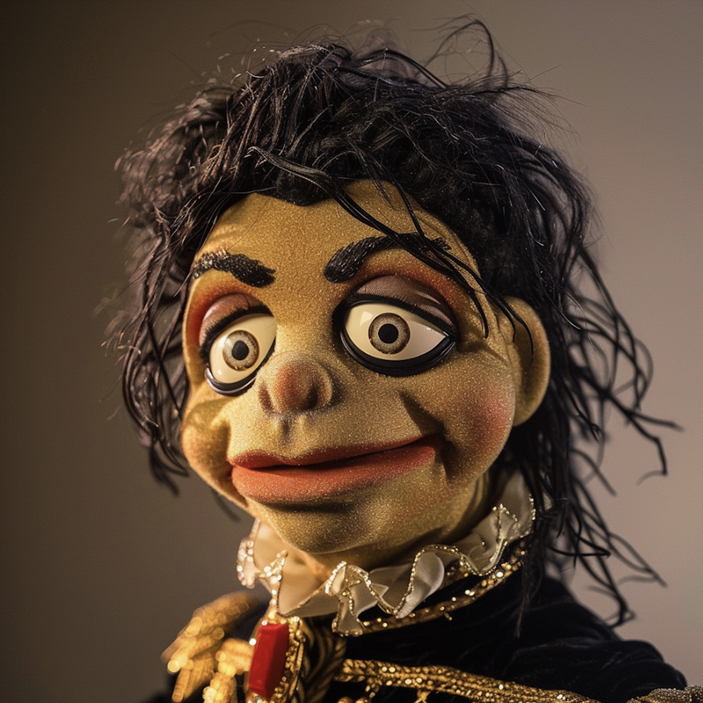 Close-up of a puppet with large, expressive eyes and thin, tousled hair, wearing a ruffled collar and ornate costume