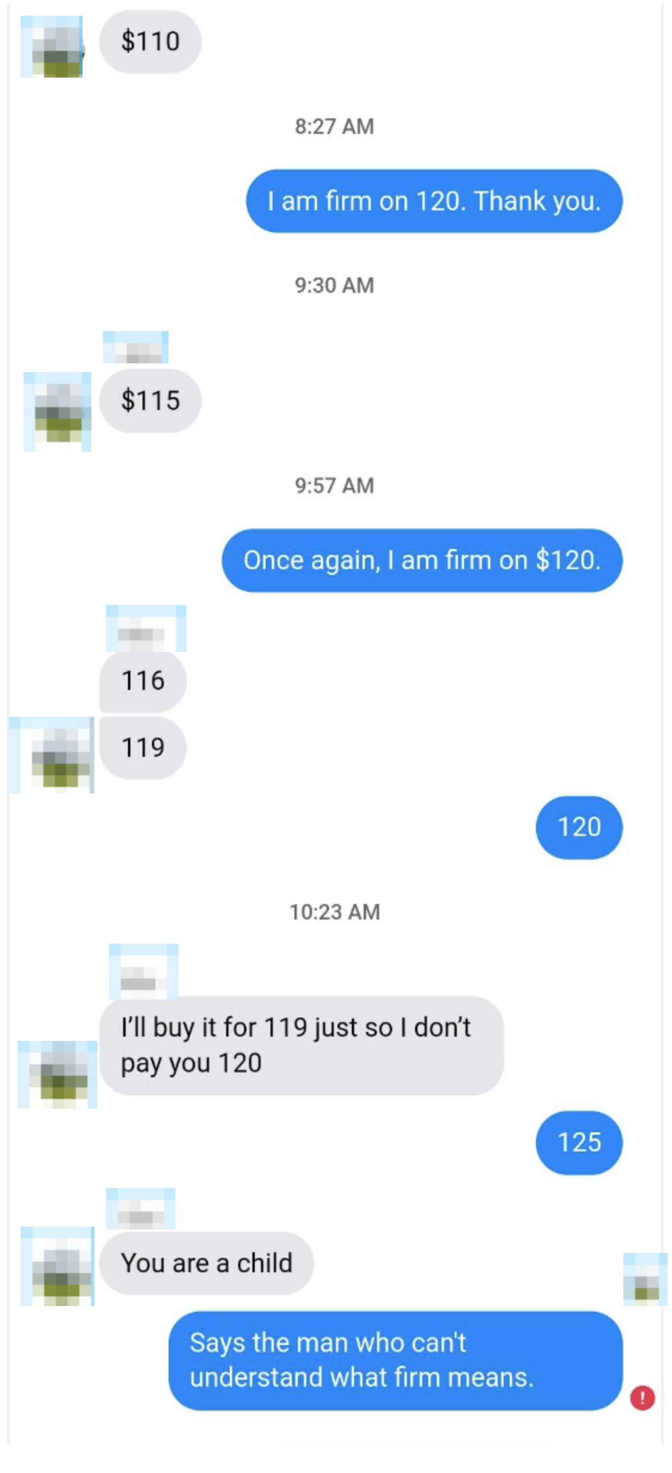 Text message exchange showing a price negotiation with one person firm on $120 and the other offering various amounts, ending in a humorous quip