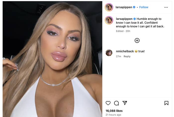 Larsa Pippen takes a selfie, wearing a white halter-neck top, with a caption about humility and confidence
