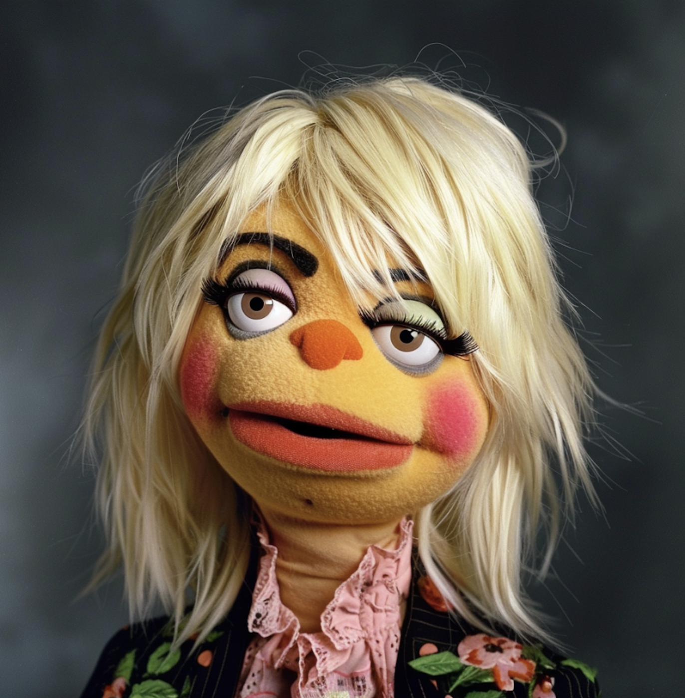 Muppet with blonde, tousled hair and bangs wearing a ruffled shirt and blazer