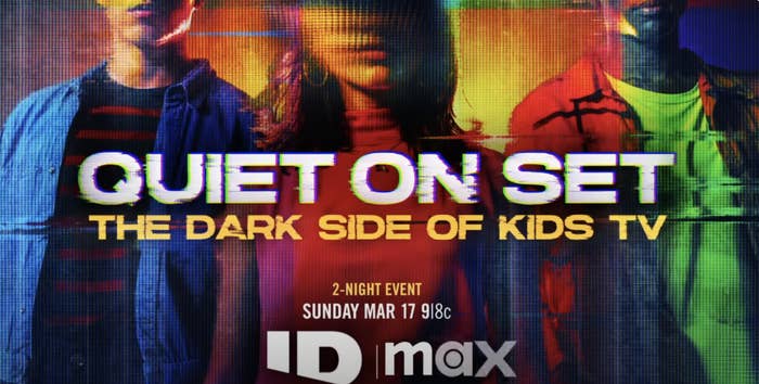 Promotional image for &quot;Quiet on Set: The Dark Side of Kids TV,&quot; airing Sunday, March 17. Three obscured figures stand in the background
