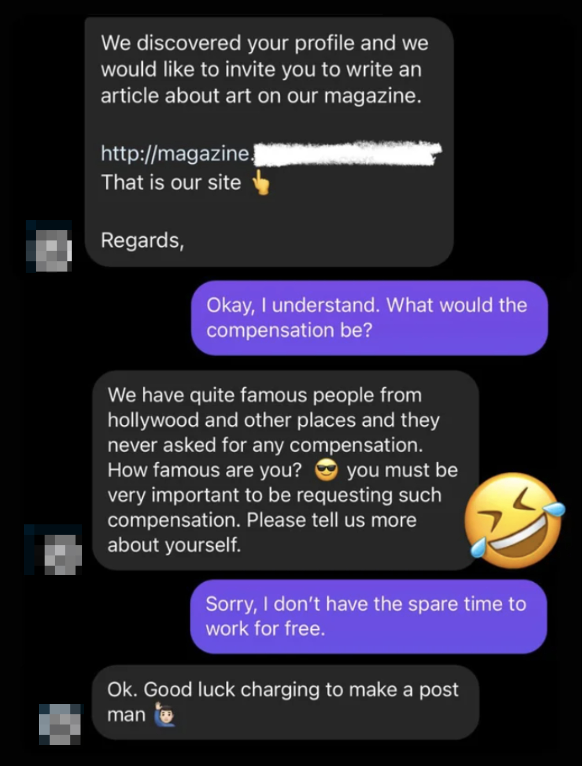 Screenshot of a text conversation where one person offers another a magazine article feature and the second person humorously declines compensation