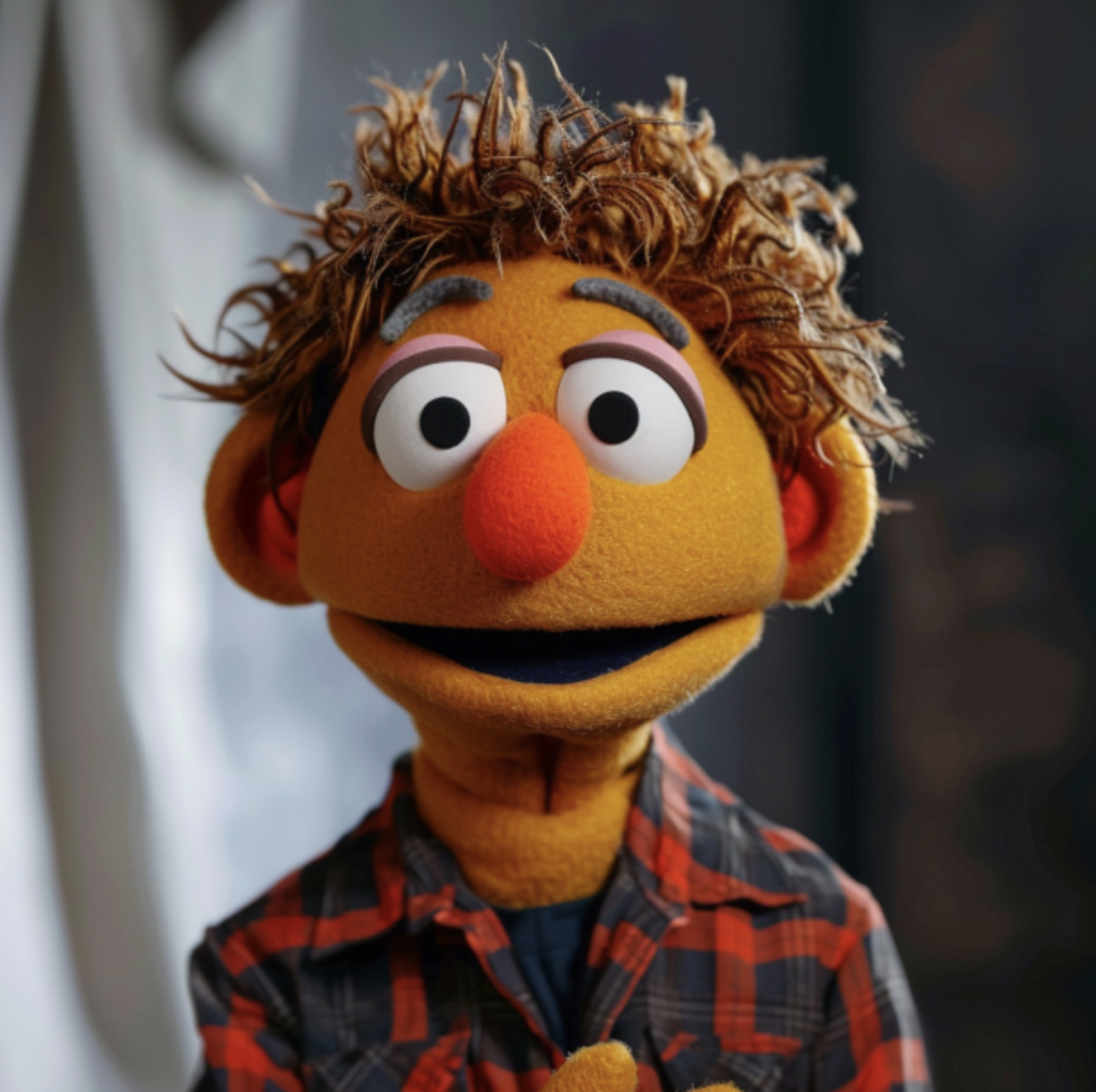 Muppet character in plaid shirt and short wavy, dirty blonde hair