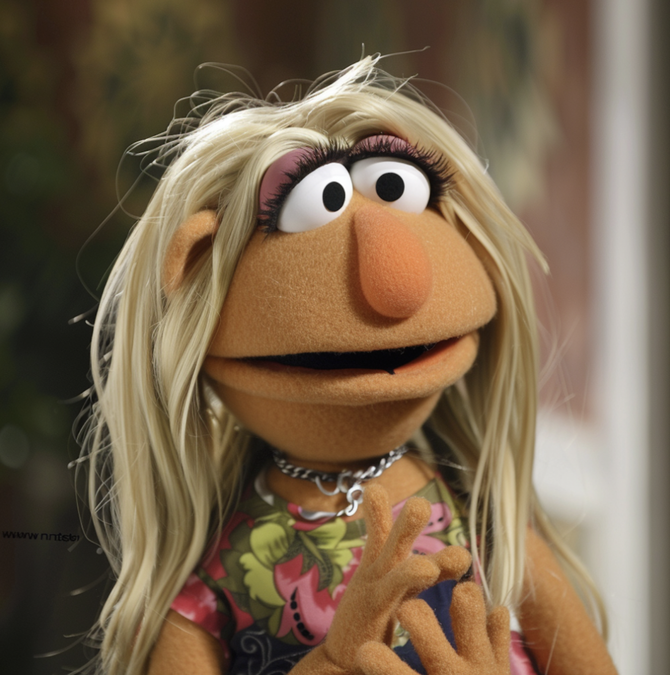 A Muppet with long blonde hair in a floral top and necklace, looking to the side with a thoughtful expression