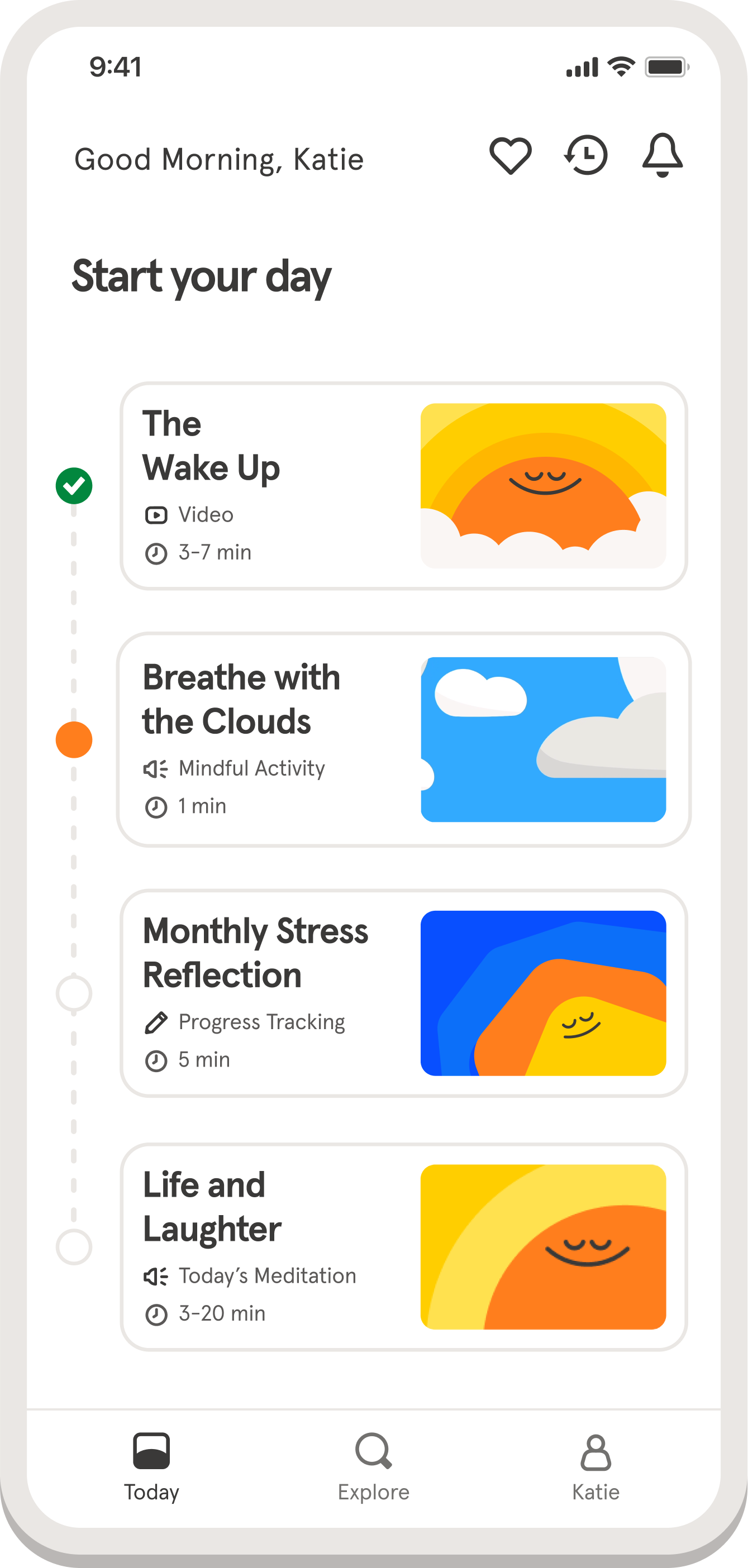 Mobile screen showing a wellness app with daily activities like breathing, reflection, and meditation