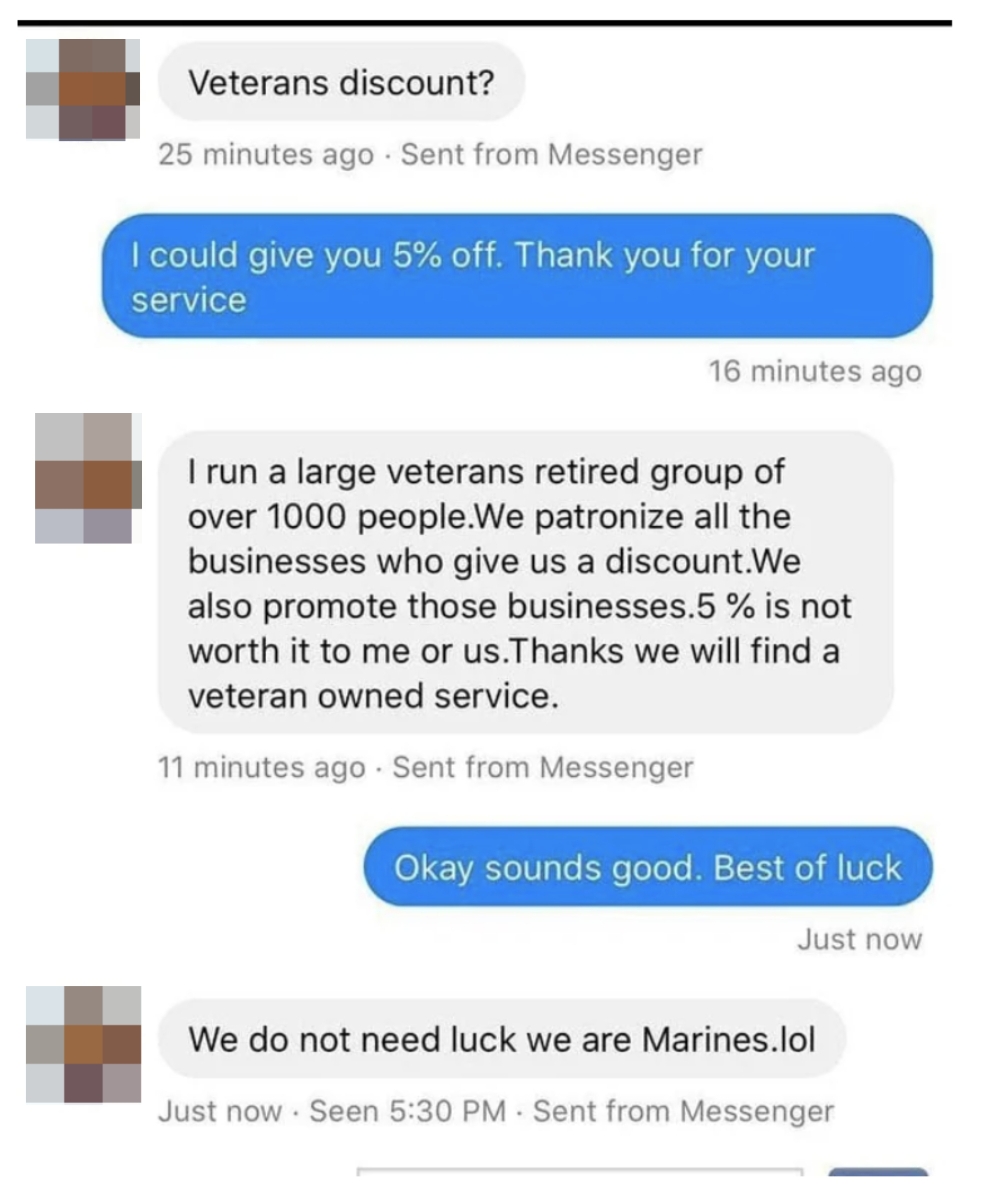 Screenshot of a text exchange where a veteran offers a 5% discount and another person expresses gratitude, citing Marine pride