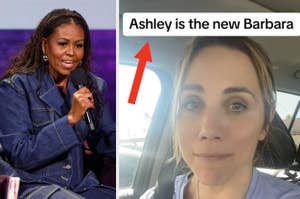 Split image: Person A speaking into a microphone, Person B in a car with overlaid text "Ashley is the new Barbara."