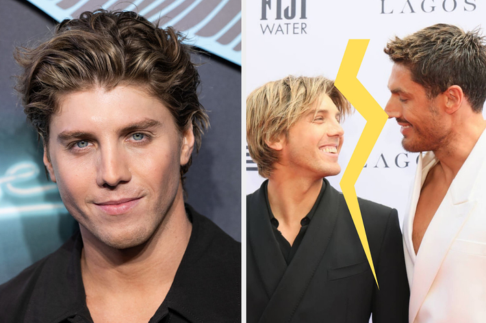Two side-by-side photos: Left shows a man with wavy hair, right shows two men smiling at each other in stylish suits