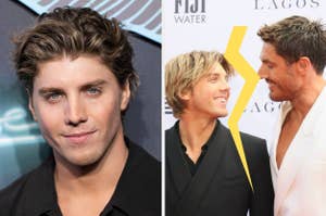 Two side-by-side photos: Left shows a man with wavy hair, right shows two men smiling at each other in stylish suits