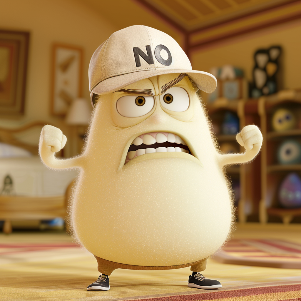 Angry animated character with cap and sneakers, arms raised
