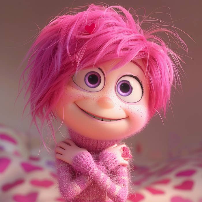 3D animated character, possibly from a children&#x27;s movie, with pink hair and a textured sweater, smiling with hands clasped