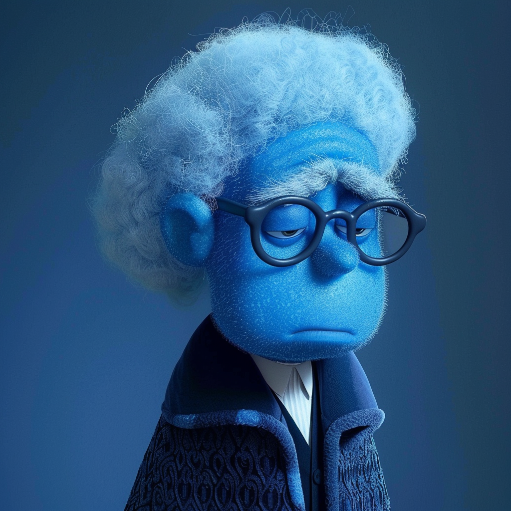 3D animated character resembling an elderly gentleman with large glasses and a blue complexion