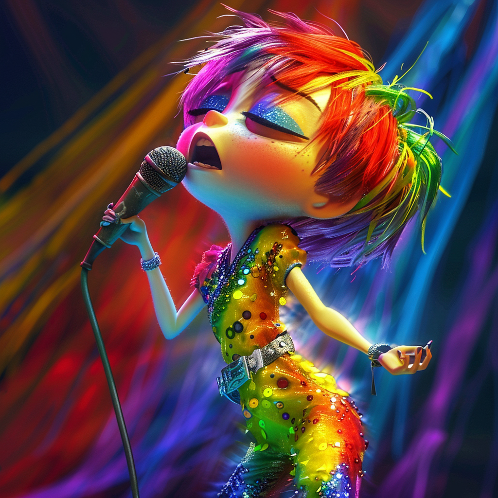 Animated character resembling a rock star singing into a microphone, wearing a sparkly jumpsuit