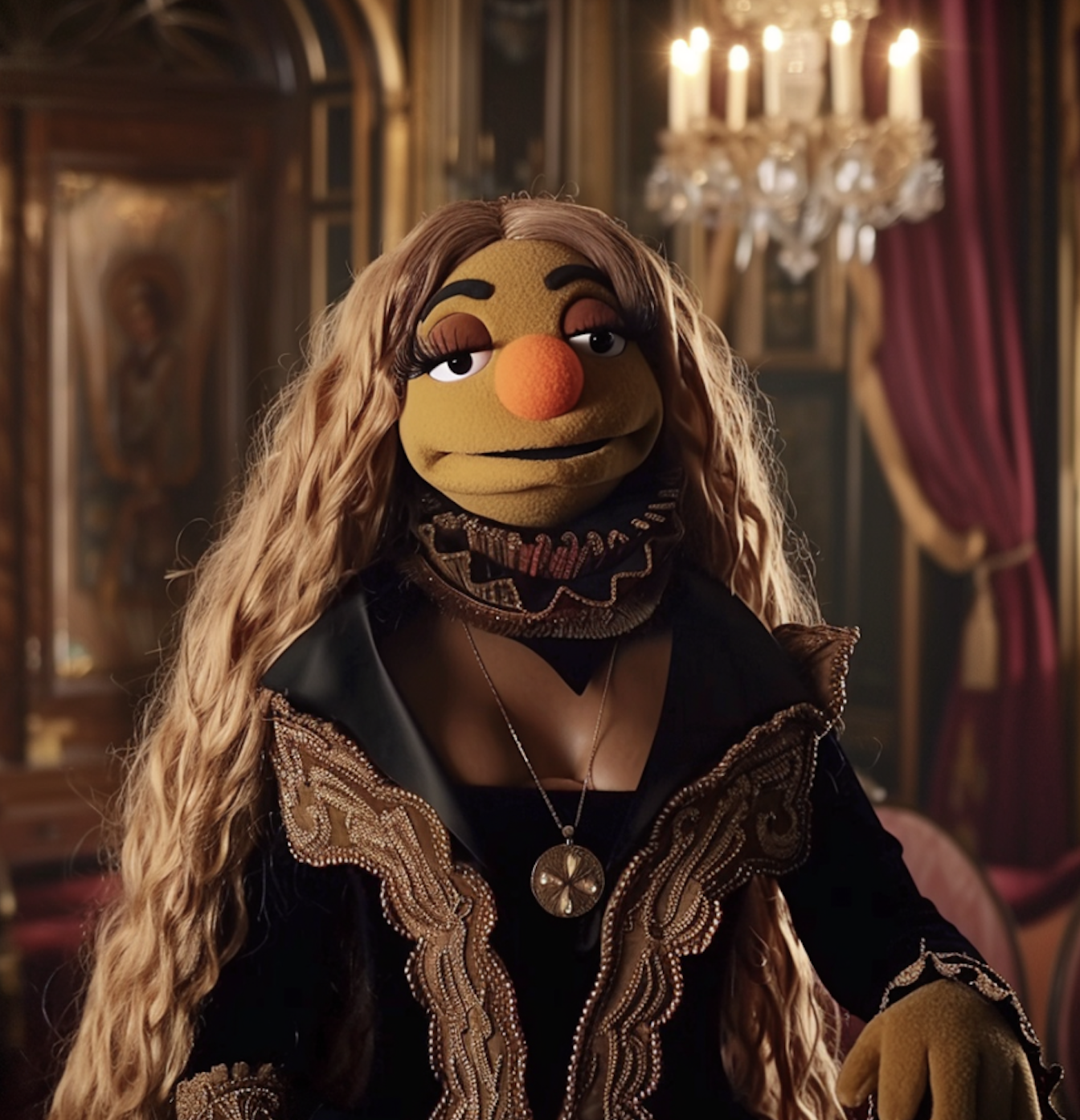 Muppet with long, wavy hair, wearing an embroidered jacket adorned with gold patterns