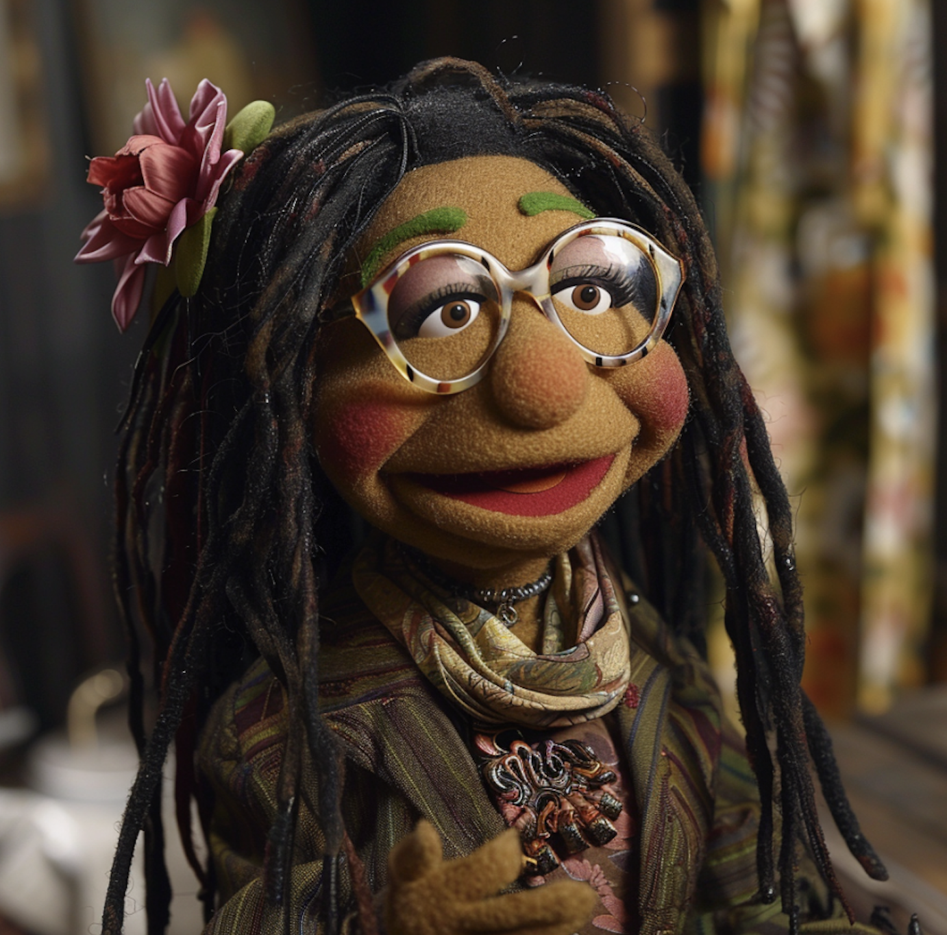 Whoopi as a Muppet, wearing glasses, a flower in her braids, and a stylish scarf