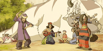 Animated characters from Avatar: The Last Airbender celebrate, dance, and play instruments