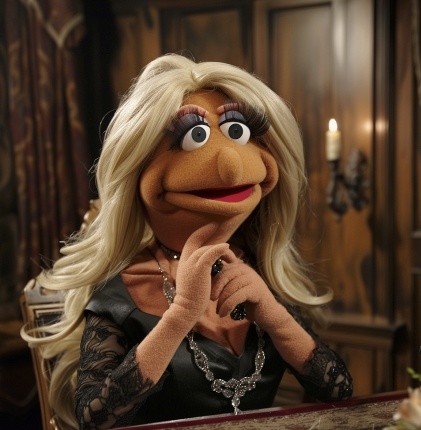 Muppet with long blonde hair in elegant attire with necklace, sitting indoors