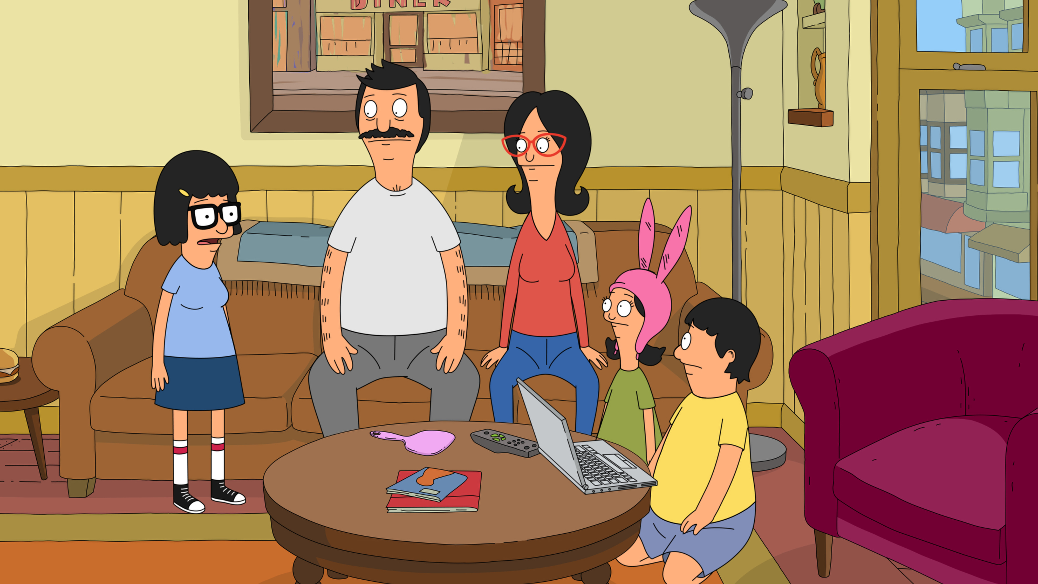 Animated characters from &quot;Bob&#x27;s Burgers,&quot; including Bob, Linda, Tina, Gene, and Louise, in their living room