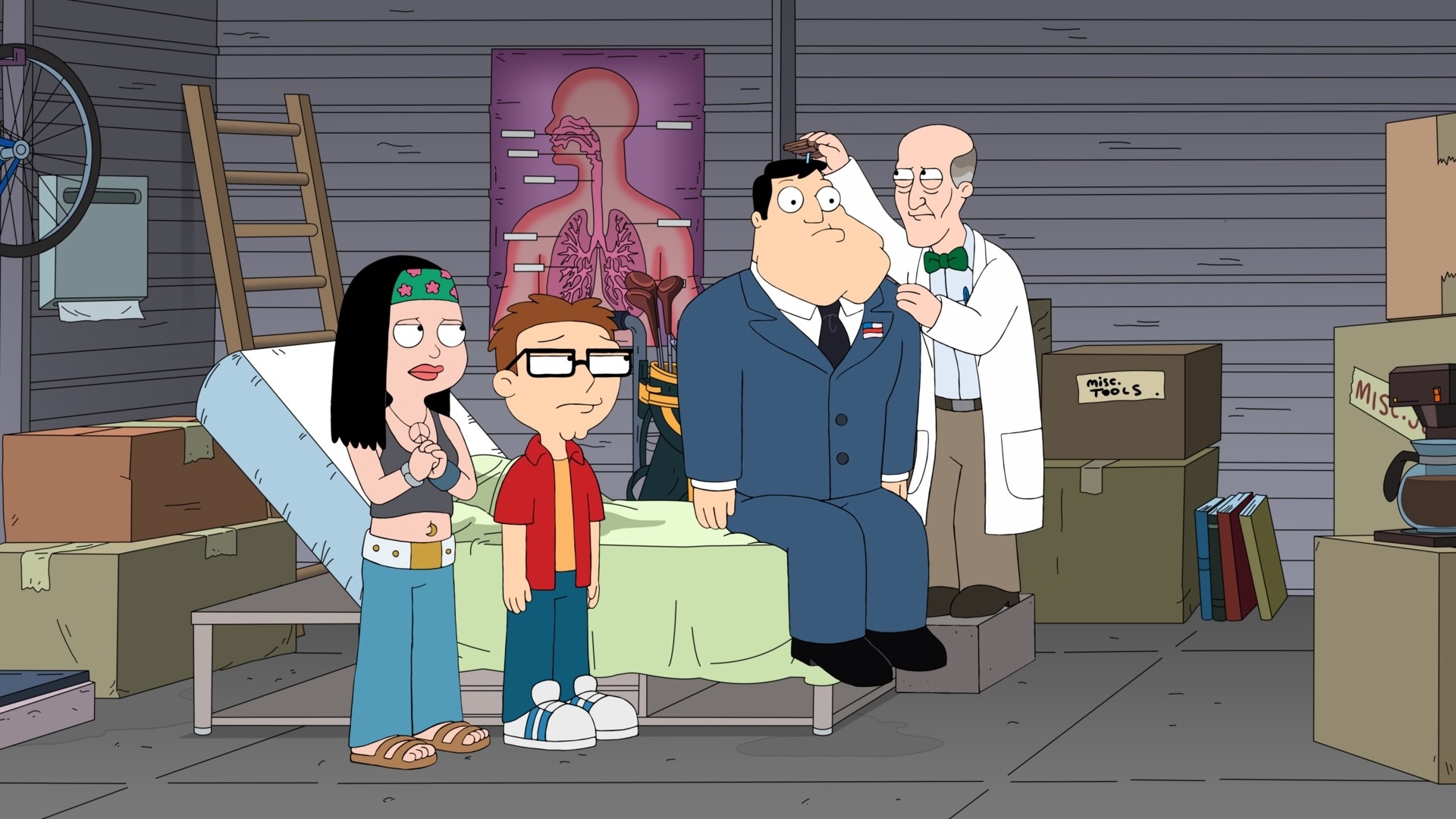 Animated characters Hayley, Steve, Stan, and Klaus from &#x27;American Dad!&#x27; in a cluttered room