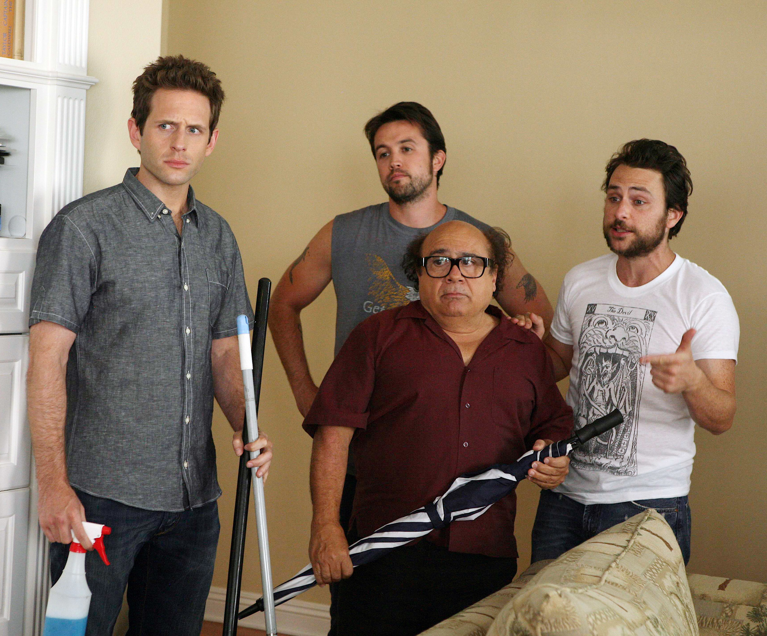 Four characters from the TV show &quot;It&#x27;s Always Sunny in Philadelphia&quot; are shown in a room looking towards the camera