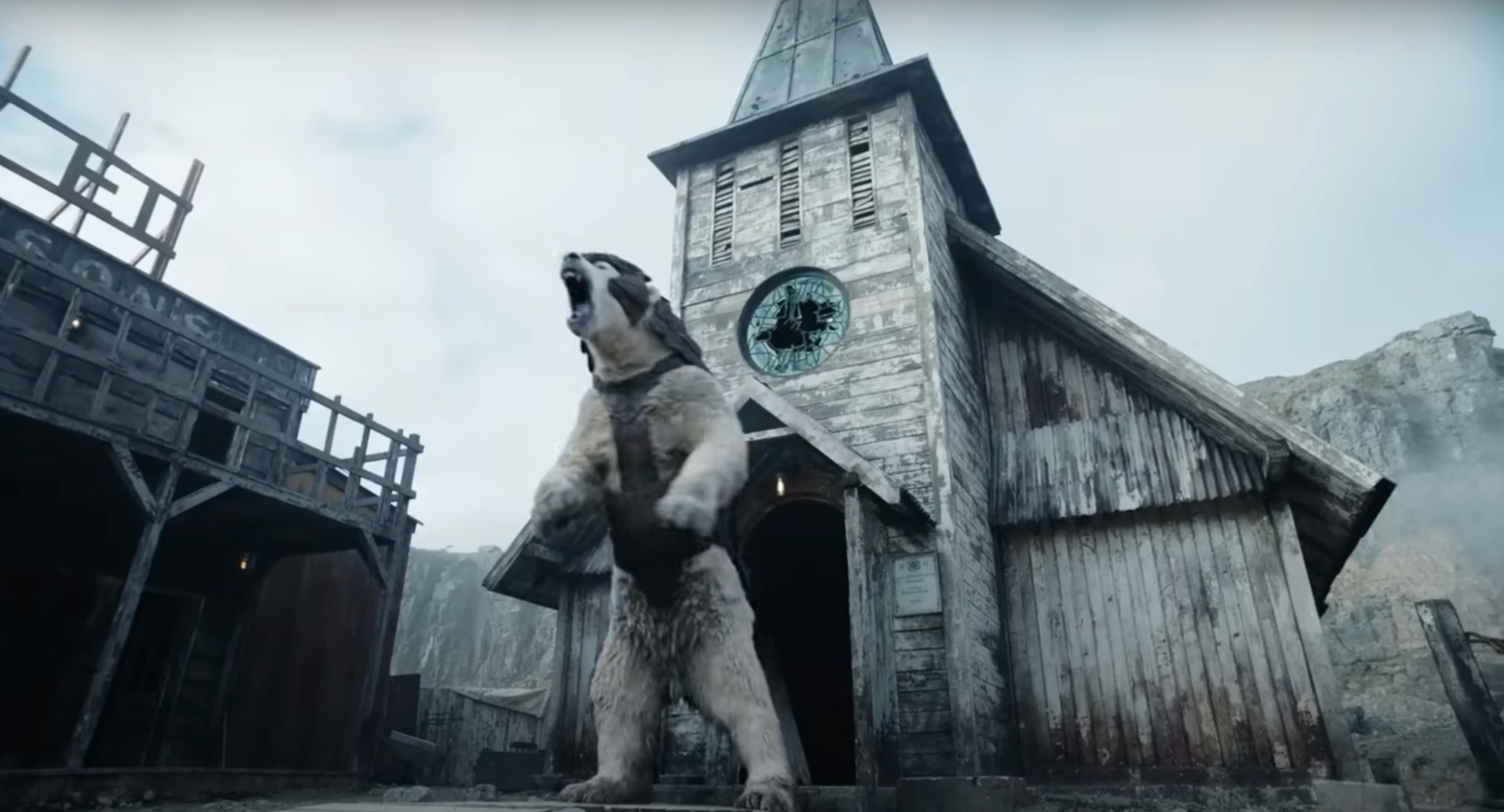 An armored polar bear stands in front of a dilapidated building with a circular emblem
