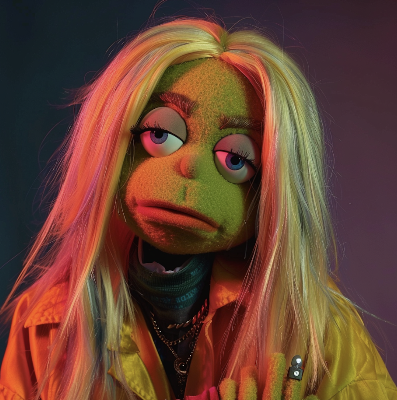 A Muppet with long blonde hair, wearing a yellow jacket and jewelry and looking sad and sleepy