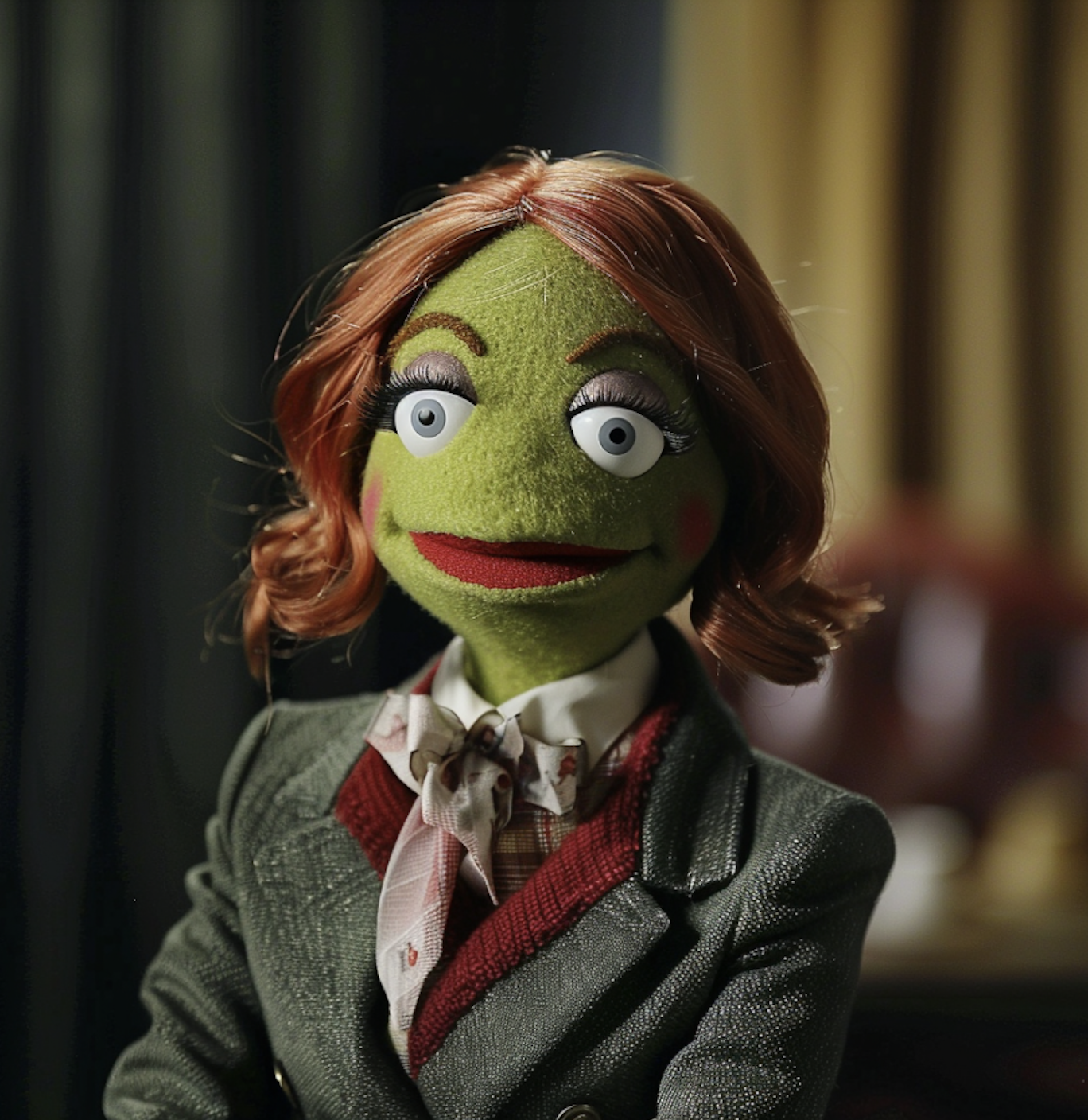 Emma Stone as a muppet, with green skin and red hair and in a suit