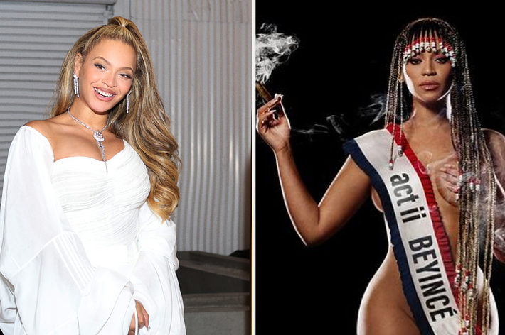 Beyoncé on left in elegant white off-shoulder gown and on right in a beaded bodysuit with "act iII" sash, posing confidently