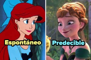 Ariel de La Sirenita y Anna de Frozen con palabras "Espontáneo" y "Predecible" respectivamente