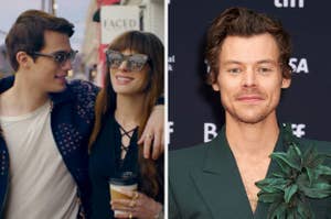 Two separate images: Left shows two characters smiling, right features Harry Styles in a green suit with a plant accessory