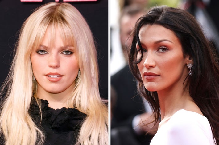 Two female celebrities at separate events, one in a black outfit with bangs, the other in a white dress with her hair down