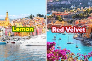 Left: Coastal city with yellow tint and text "Lemon". Right: Coastal city with warm tint and "Red Velvet" text