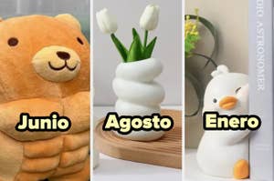 Tres objetos representan meses: un peluche de oso para junio, una maceta con tulipanes para agosto y un adorno de pingüino para enero