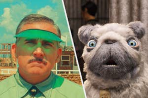 Steve Carell in "Astroid City" wearing a green visor and a cartoon dog with wide eyes.