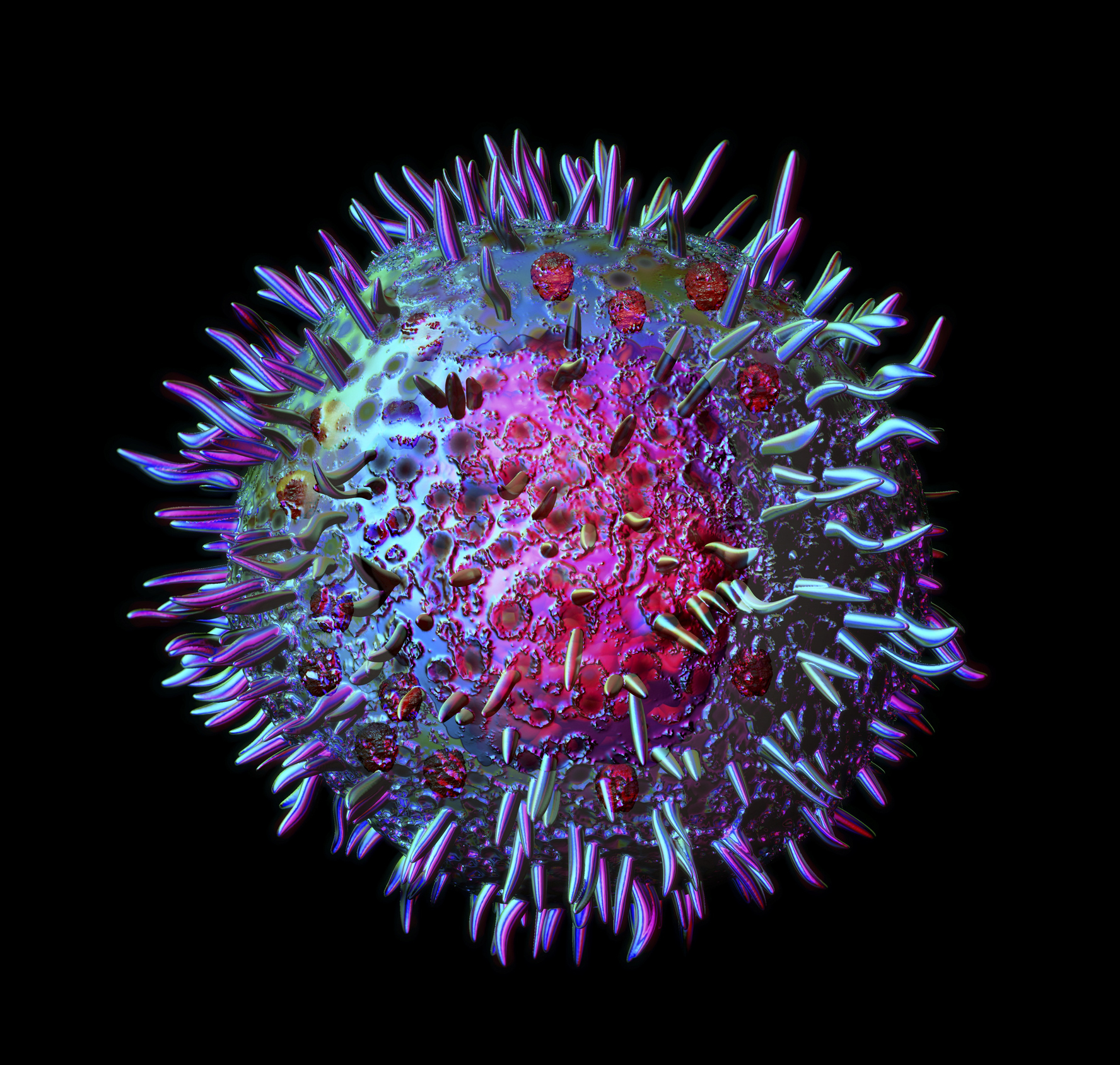 3D rendering of a detailed, spiky virus-like particle against a black background