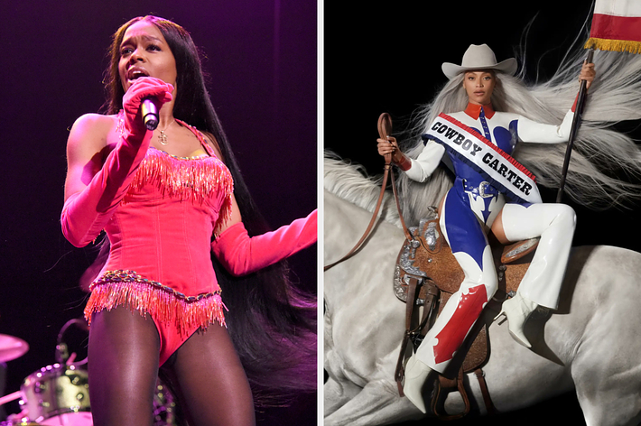 Left: A singer performing on stage. Right: Beyoncé posing as "Cowboy Carter" with a flag