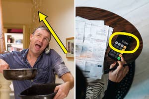 Man repairs leak in ceiling; hand with remote and receipts showing a budget method